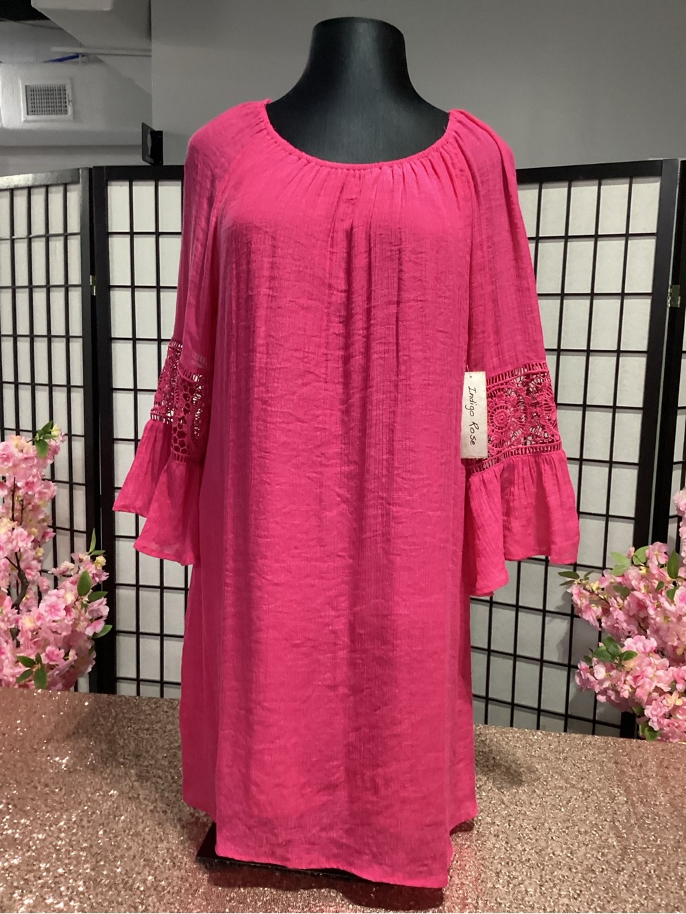 Bright Pink Women's Peasant Dress with Lace Bell Sleeves - Picture 2 of 7